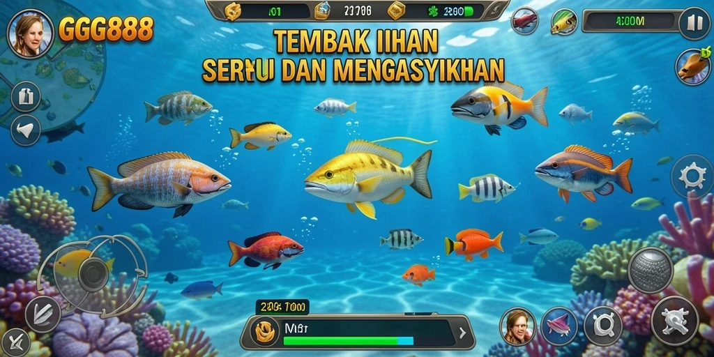 Screenshot gameplay GGG888 dari aksi menembak ikan yang seru.