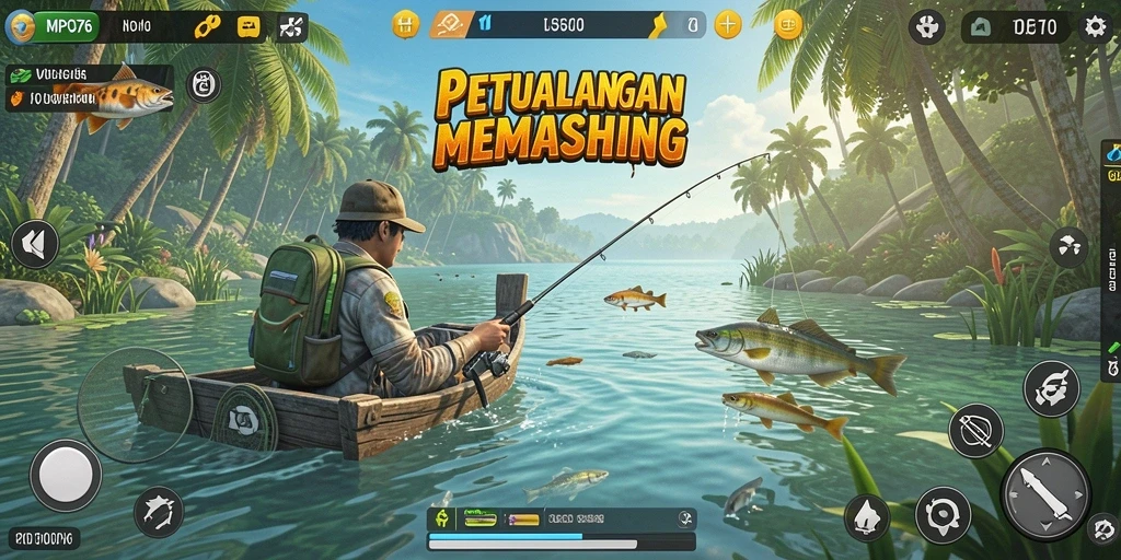 Screenshot MPO76 menunjukkan pemain sedang menangkap ikan di danau yang indah.