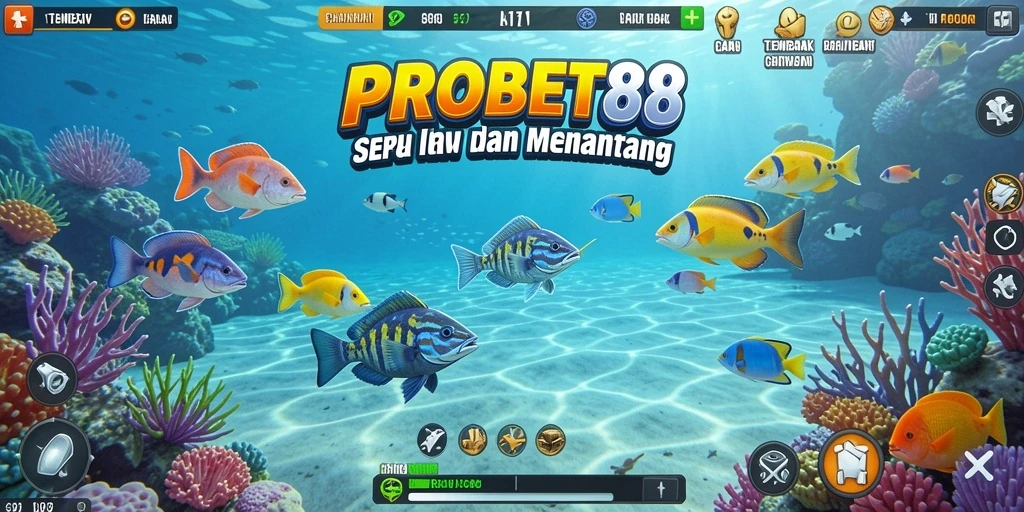 Screenshot gameplay PROBET88 menampilkan aksi menembak ikan yang seru dan penuh warna.