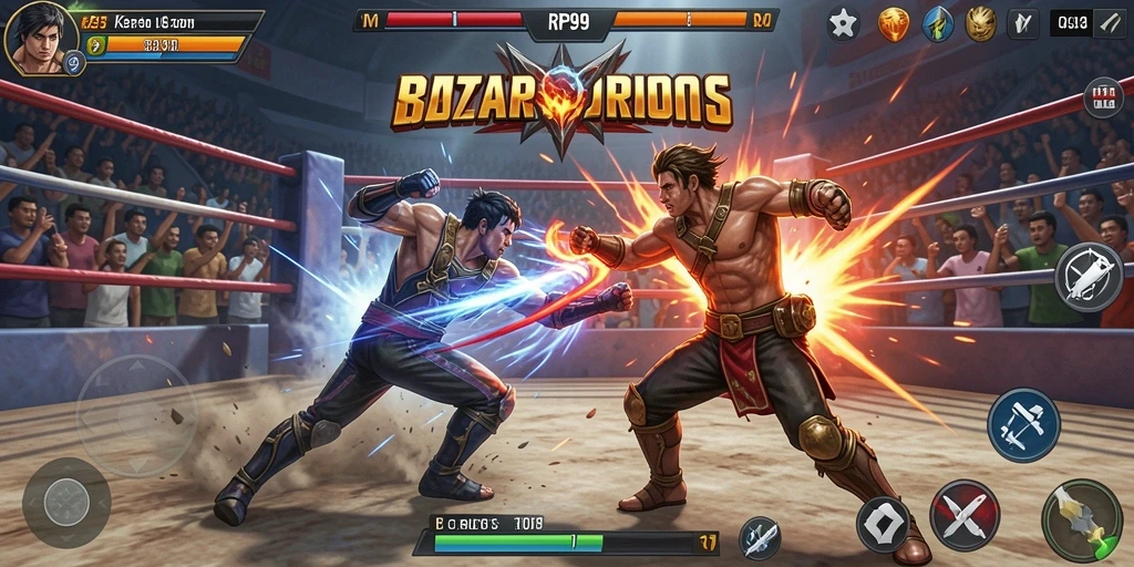 Screenshot permainan RP99 yang menunjukkan aksi bertarung yang seru.