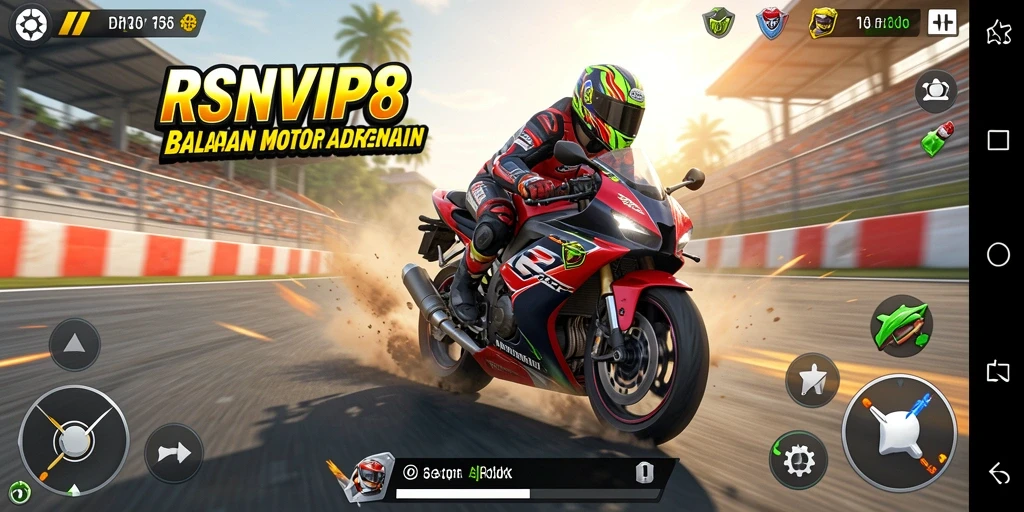 Screenshot gameplay RSNVIP8 menampilkan balapan motor yang seru di trek yang menantang.