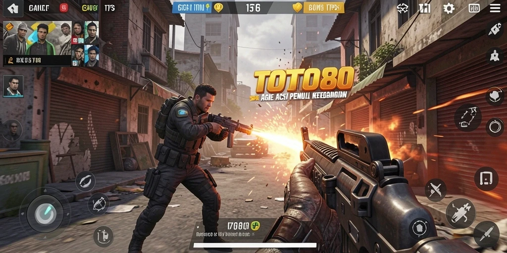 Screenshot utama TOTO80 menampilkan pertempuran seru di lokasi perkotaan.